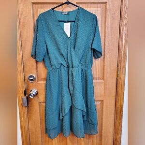 BTFBM Women's V-Neck Polka Dot Ruffle Dress Short Sleeves Size L